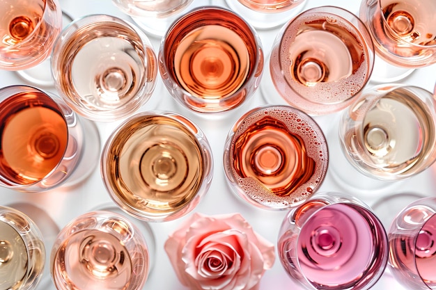 Una colección de copas de vino con rosas de diferentes colores.