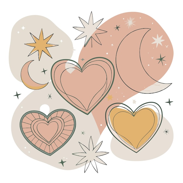una colección de corazones y una luna con un corazón en la parte superior