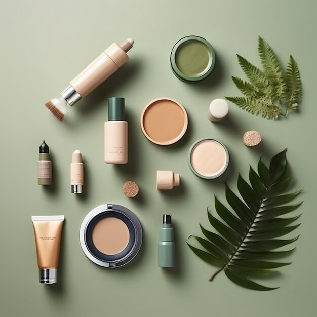 Una colección de cosméticos y productos de maquillaje que incluye una hoja de palma.