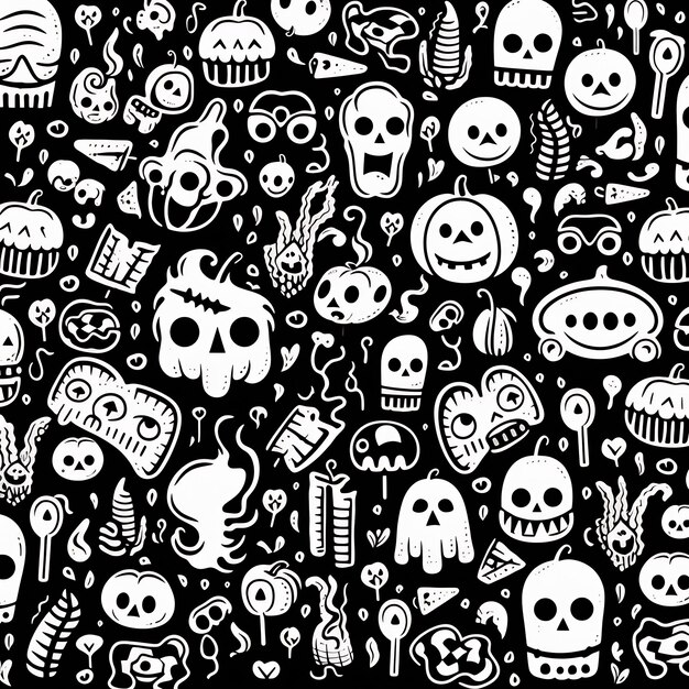 una colección de cráneos y monstruos sobre un fondo negro.