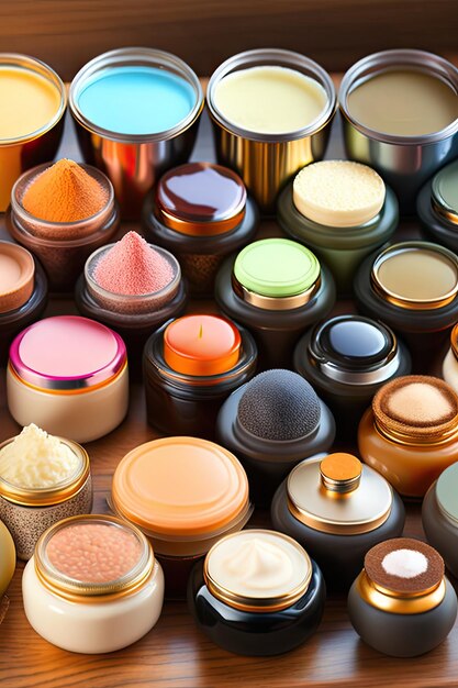 Colección de cremas cosméticas naturales almacenadas.