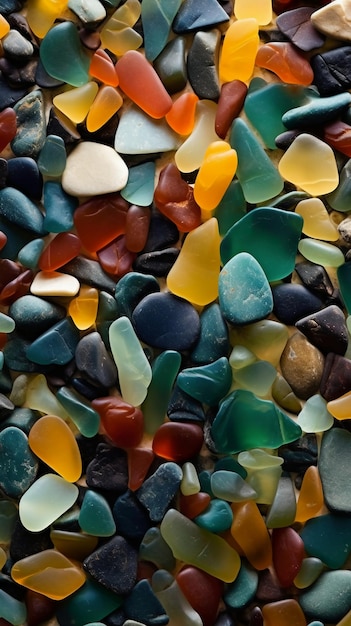 Una colección de cristales de mar se muestra en una playa.