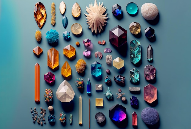 Una colección de cristales y piedras preciosas pone un diseño plano Generativo ai