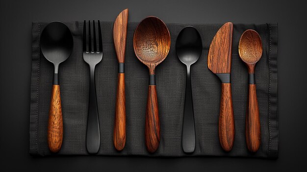 una colección de cucharas y cucharas se muestran en un paño negro