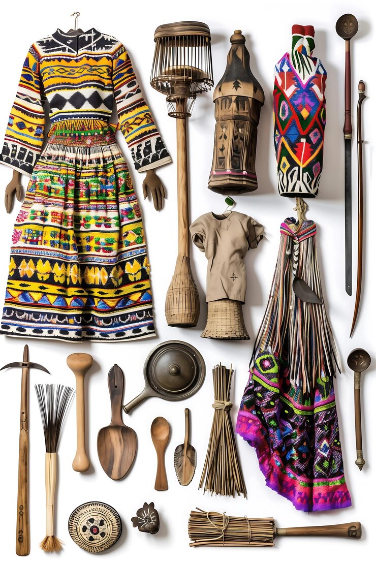 Foto una colección de cucharas de madera y otros artículos, incluido un vestido de mujer