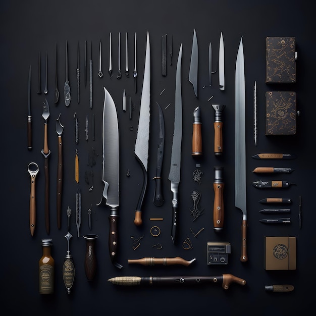 Una colección de cuchillos y una caja están sobre un fondo negro.