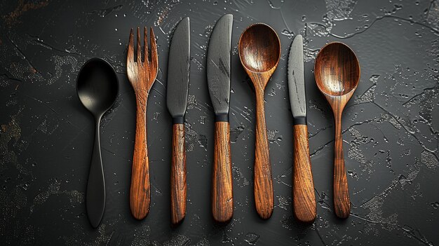 una colección de cuchillos cucharas y cucharas se muestran en una mesa negra