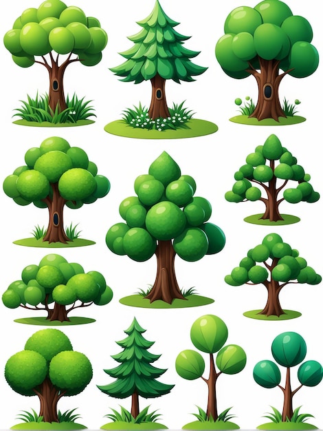 una colección de diferentes árboles, incluido uno que tiene un árbol verde en él