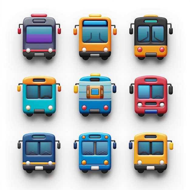 una colección de diferentes autobuses de colores, incluido uno con el número 3 en el frente