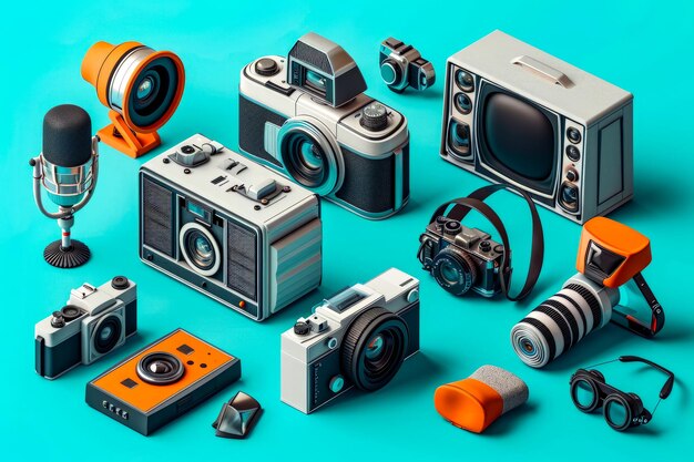 Foto colección de diferentes cámaras y piezas de cámaras dispuestas sobre un fondo azul