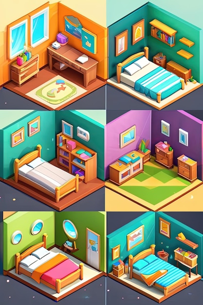 Foto una colección de diferentes habitaciones que incluyen una cama, una cama y una cómoda.