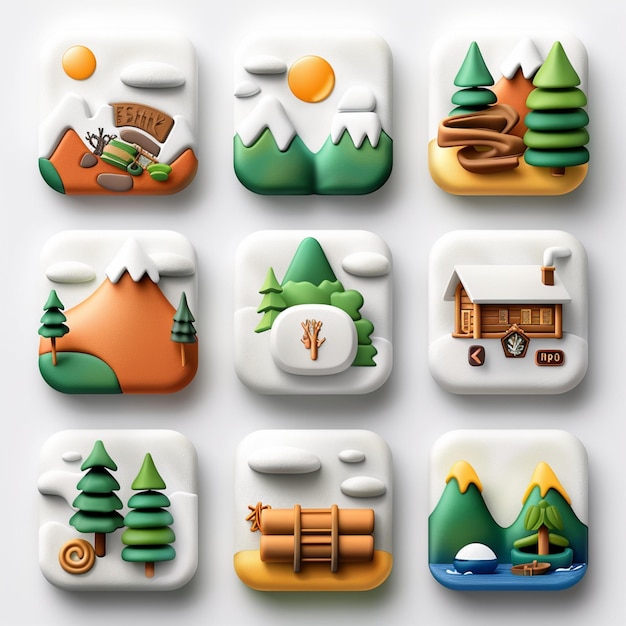 una colección de diferentes iconos, incluido el muñeco de nieve y los pinos