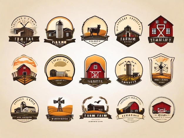 una colección de diferentes logotipos que incluyen una granja y una granja