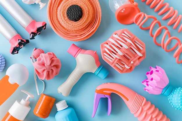 una colección de diferentes productos de caucho de colores, incluida una cinta de caucho rosada