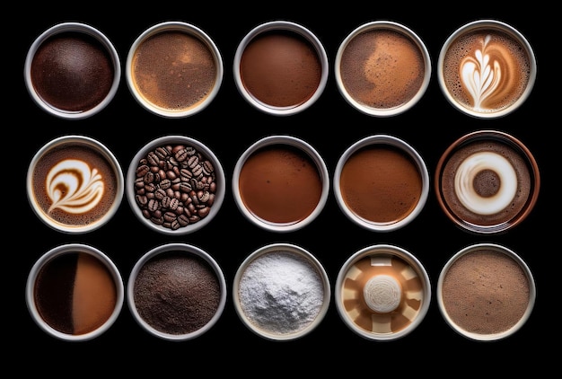 una colección de diferentes tipos de café al estilo de la fotografía aérea