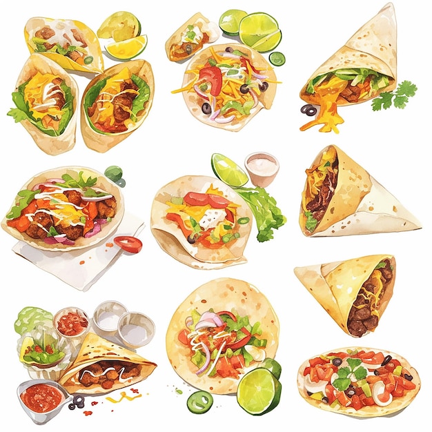 Foto una colección de diferentes tipos de comida mexicana, incluidos burritos, tacos y quesadillas