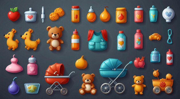 una colección de diferentes tipos de juguetes, incluido un bebé y un bebé