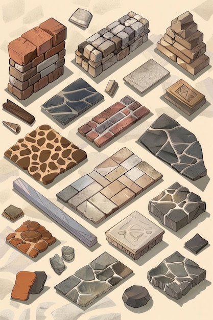 Foto una colección de diferentes tipos de ladrillos y piedras adecuados para proyectos de construcción y jardinería