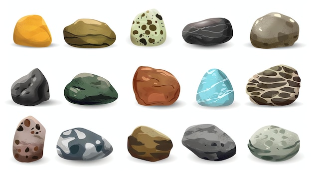 Una colección de diferentes tipos de rocas las rocas son de diferentes colores y formas todas están representadas en un estilo realista