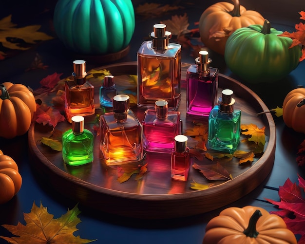 Colección de difusores de olores de otoño y perfumes en una bandeja de madera