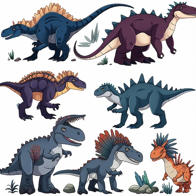 Una colección de dinosaurios con diferentes colores.