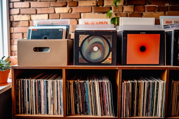 una colección de discos de vinilo antiguos que se muestran generados por IA