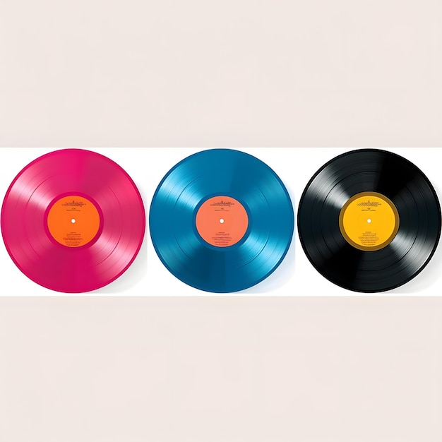 Colección de discos de vinilo de varios colores con etiquetas de papel aisladas sobre fondo transparente