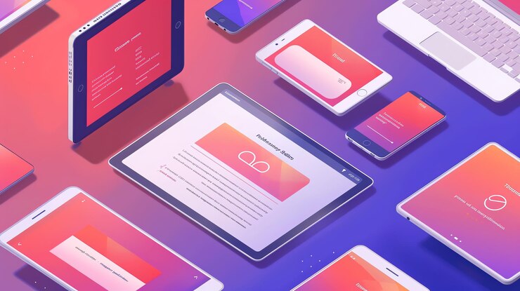 Foto una colección de dispositivos digitales, incluidas tabletas, teléfonos inteligentes y una computadora portátil dispuestas en un patrón isométrico colorido