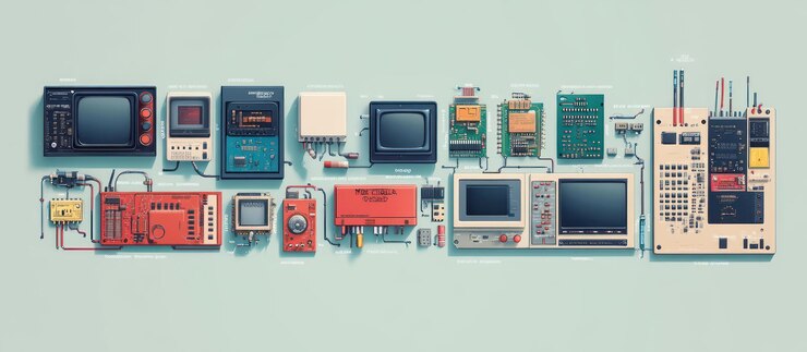 Foto una colección de dispositivos electrónicos antiguos dispuestos en una fila conectados por cables sobre un fondo azul