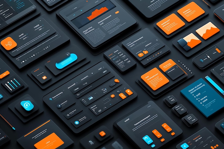 Foto una colección de dispositivos electrónicos con naranja y azul en ellos