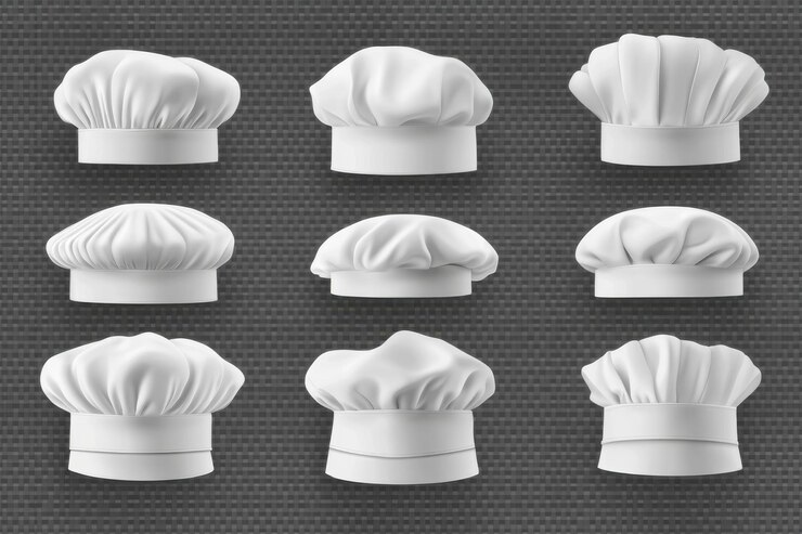 Colección de doce sombreros blancos de chef sobre un fondo oscuro que representan la experiencia culinaria IA generativa