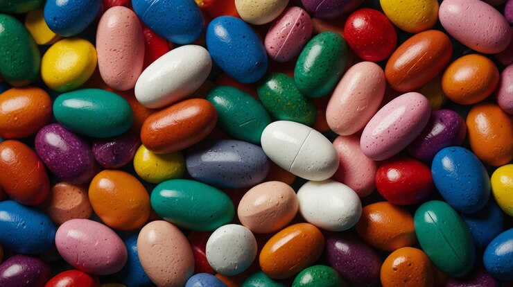 una colección de dulces coloridos incluyendo un lápiz de colores