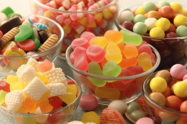 Una colección de dulces en tazones pequeños con uno que dice dulces.