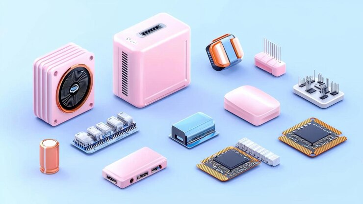 Foto colección de elementos gráficos para el sitio web de una compañía de tecnología presenta chips de computadoras y placas de circuitos colores limpios y modernos con un fondo de gradiente