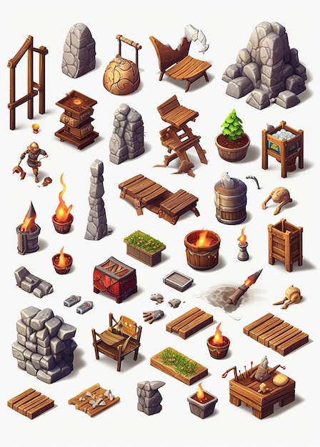 Una colección de elementos que incluyen un fuego, un fuego, un barril, un barril, un barril, un fuego, un fuego, un balde, un balde, un balde, un balde,