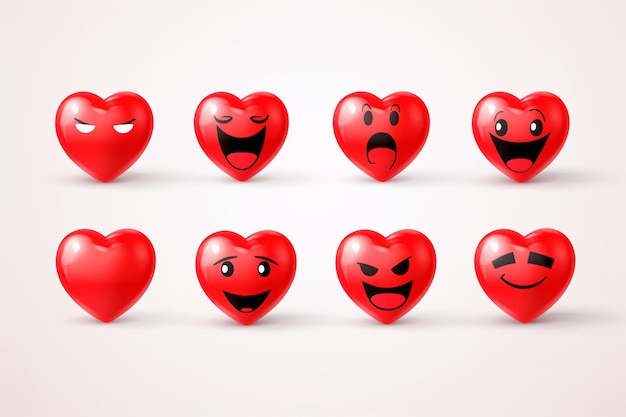 Una colección de emoticones en forma de corazón rojo con diferentes características sonriendo sorprendido serio