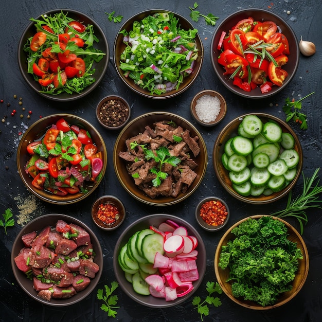 Colección de ensaladas picantes con carne de res y verduras ensaladas vista superior menú buffet del restaurante