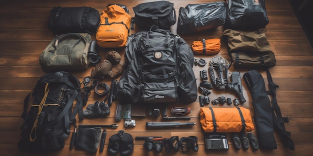 Una colección de equipo de senderismo que incluye una mochila, una cámara y otros artículos.