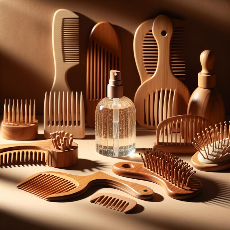 una colección de esculturas de madera incluyendo una botella de perfume