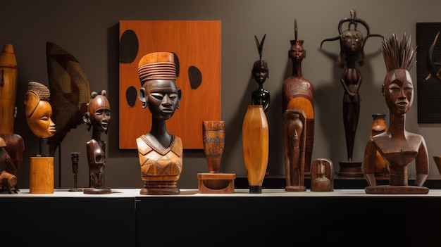 Colección de estatuas de madera africanas en exhibición