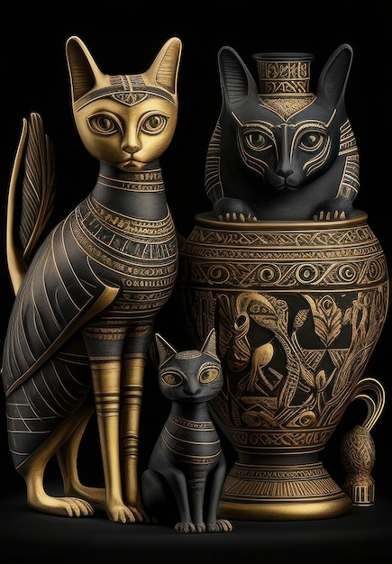 Foto colección de estatuillas de gatos del antiguo egipto