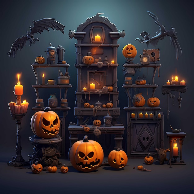 Colección estilizada en 3D de recursos de juegos de Halloween.