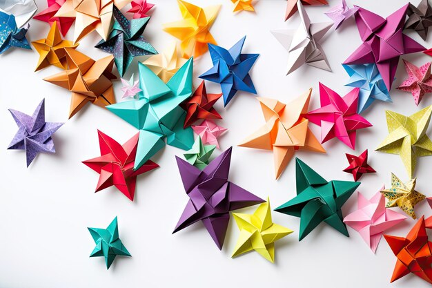 Colección de estrellas de papel de origami en diferentes tamaños y colores creadas con ai generativo