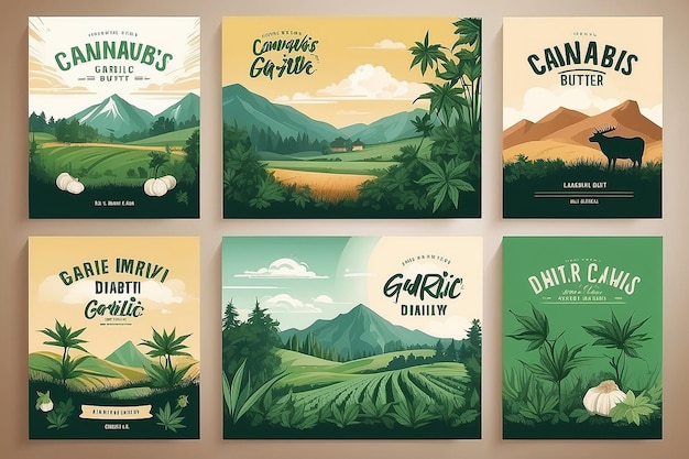 Colección de etiquetas de productos lácteos de cannabis de cacao y mantequilla de ajo Abstracto Conjunto de diseños de envases vectoriales