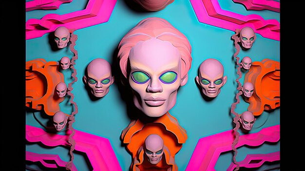 una colección de figuras alienígenas incluyendo uno con ojos verdes y el otro con ojos verdes