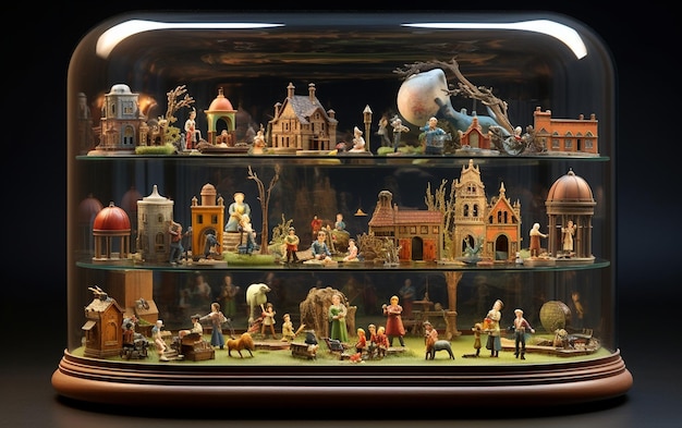 Colección de figuras en miniatura en exhibición de vidrio.