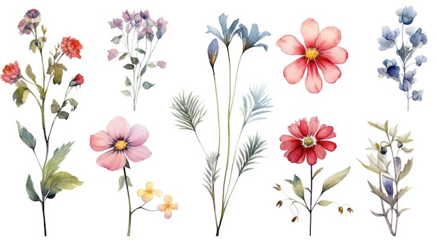Colección floral danesa Flores de acuarela sobre un fondo blanco limpio IA generativa