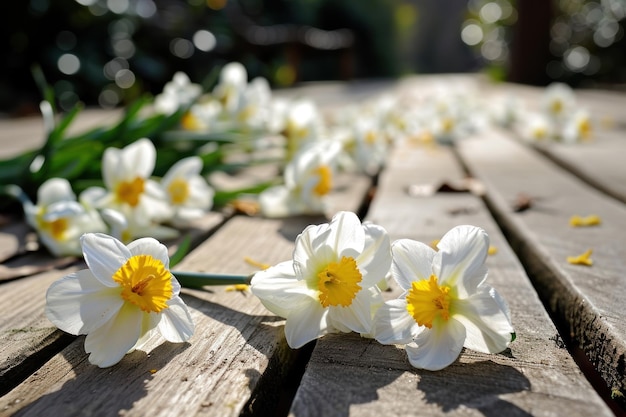 Una colección de flores blancas arregladas cuidadosamente en la parte superior de una mesa de madera