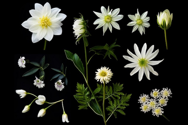 Una colección de flores blancas con hojas verdes con fondo negro.