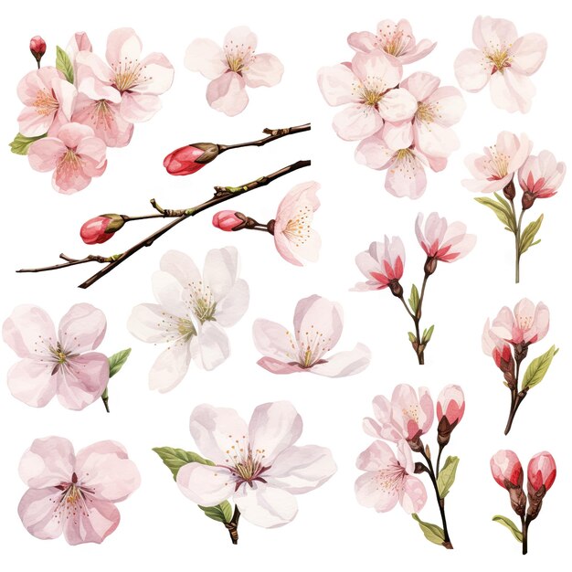 Colección de flores de cerezo en acuarela vectorial